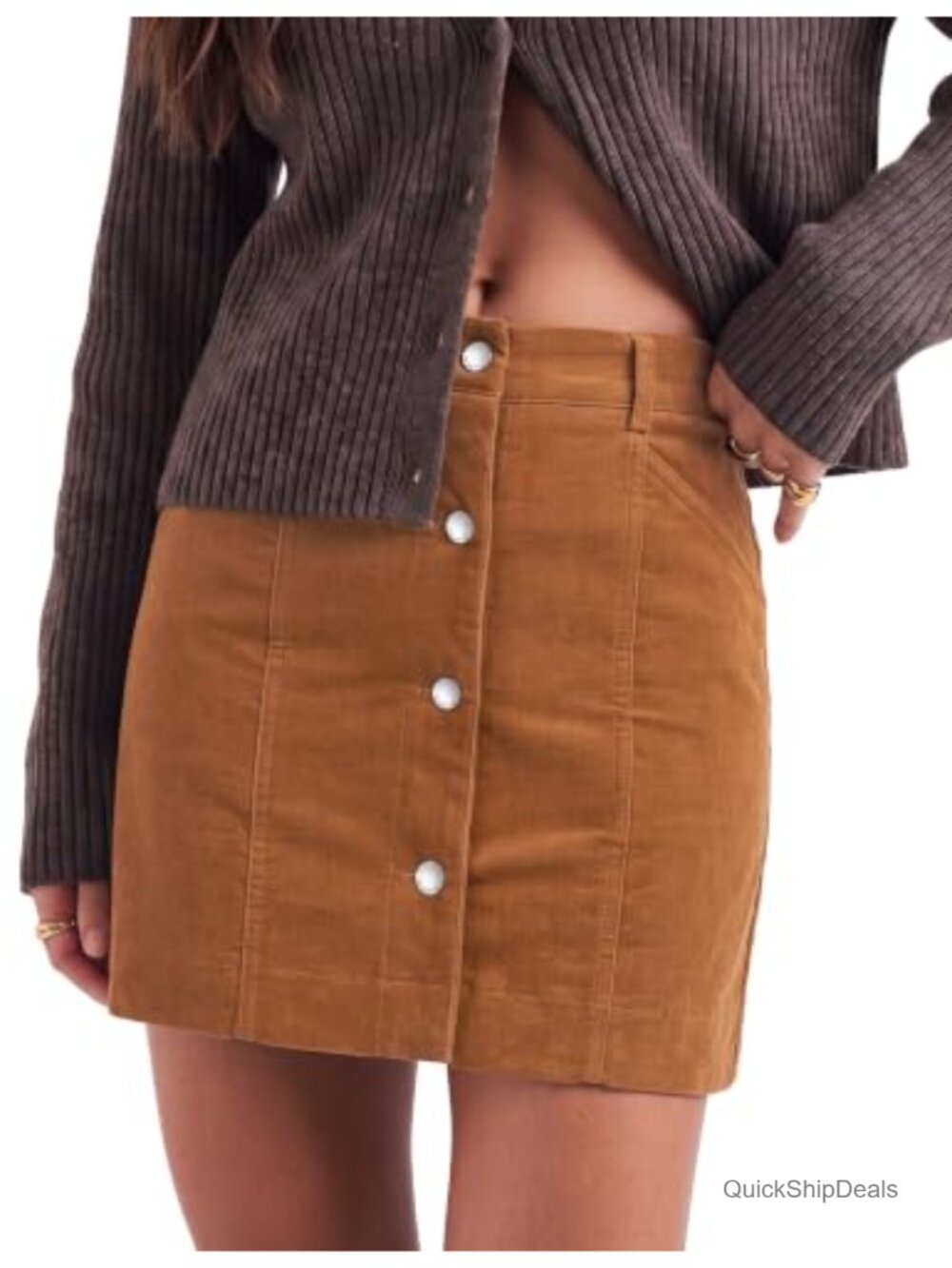 Corduroy Mini Skirt High Rise Button Fly Stretchy Casual
